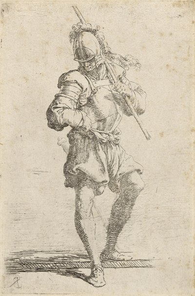 A Warrior, Holding a Staff Over His Shoulder and Stepping Off a Low Ledge by Salvator Rosa
